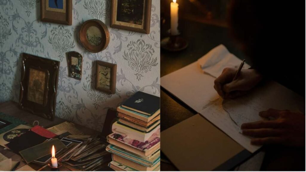 Hand writing in a candlelit notebook, symbolizing a poet lost in creativity poem writing