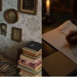 Hand writing in a candlelit notebook, symbolizing a poet lost in creativity poem writing