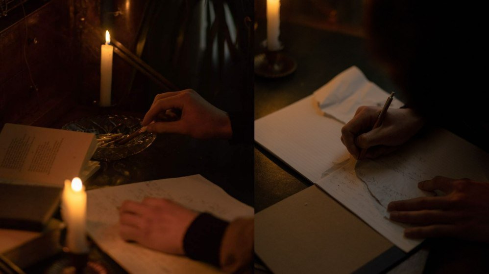 Split scene of candlelit hands writing, symbolizing a poet lost in creativity poem
