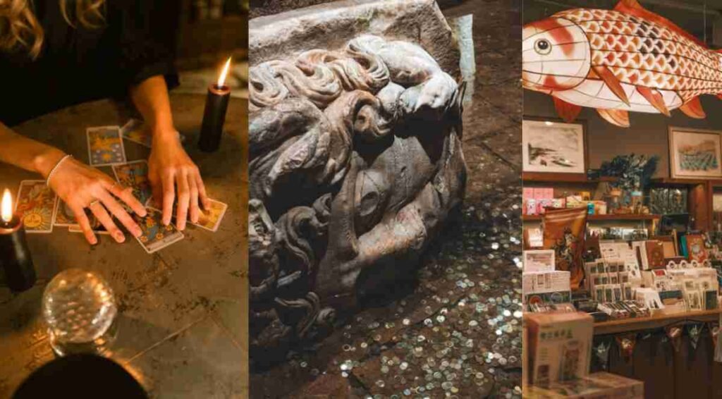 Tarot cards, a coin-covered stone carving, and a decorative fish lantern, symbolizing a poem about waiting for love