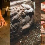 Tarot cards, a coin-covered stone carving, and a decorative fish lantern, symbolizing a poem about waiting for love