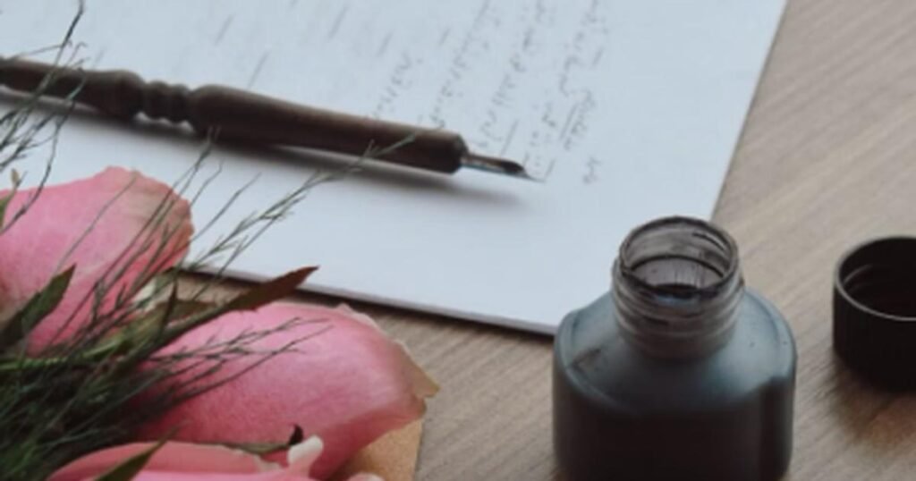 pink roses beside a handwritten poem, pen, and ink bottle — poem on creative inspiration